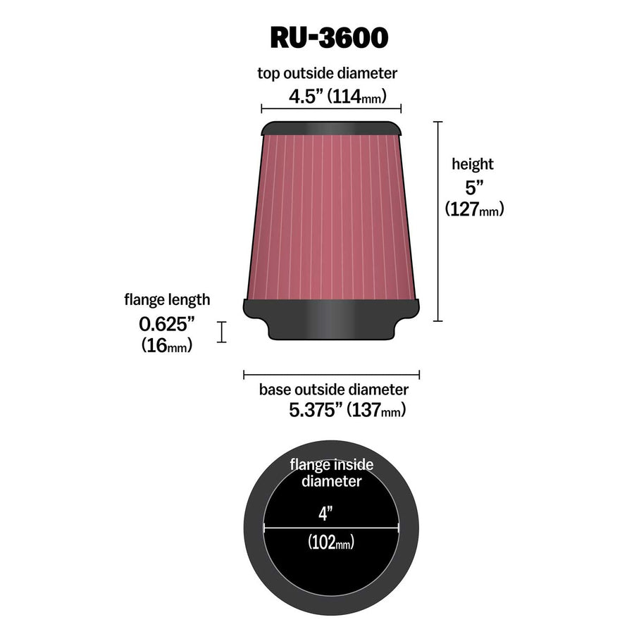High-Flow K&N Original Lifetime Universal Clamp-On Air Filter: High Performance, Premium, Washable: Flange Diameter: 4 In, Filter Height: 5 In, Flange Length: 0.625 In, Shape: Round Tapered, RU-3600