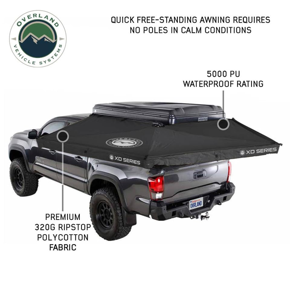 XD Nomadic 270 LTE - Overland Vehicle Systems Awning w/Lights, Black Body, Black Trim W/Black Travel Cover, Passenger Side