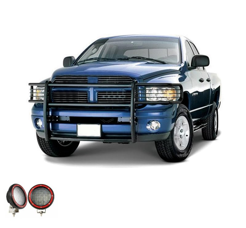 Grille Brush Black Horse Bumper Guard Modular Come with Pair of 5.3" LED Lights with Red Trim Rings Compatible with 2003-2005 Dodge Ram 1500/2500/3500-17DG105MA-PLFR