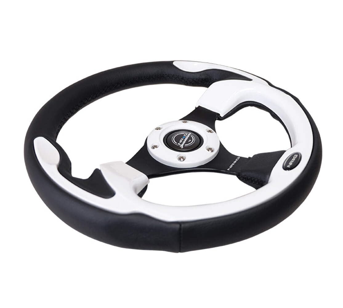 NRG Innovations Reinforced NRG-RST-001WT Steering Wheel 350mm Sport Leather Racing (2.5" Deep) Comfort Grip, 4mm Metal Neochrome Spoke, Black Leather/White + Horn Button