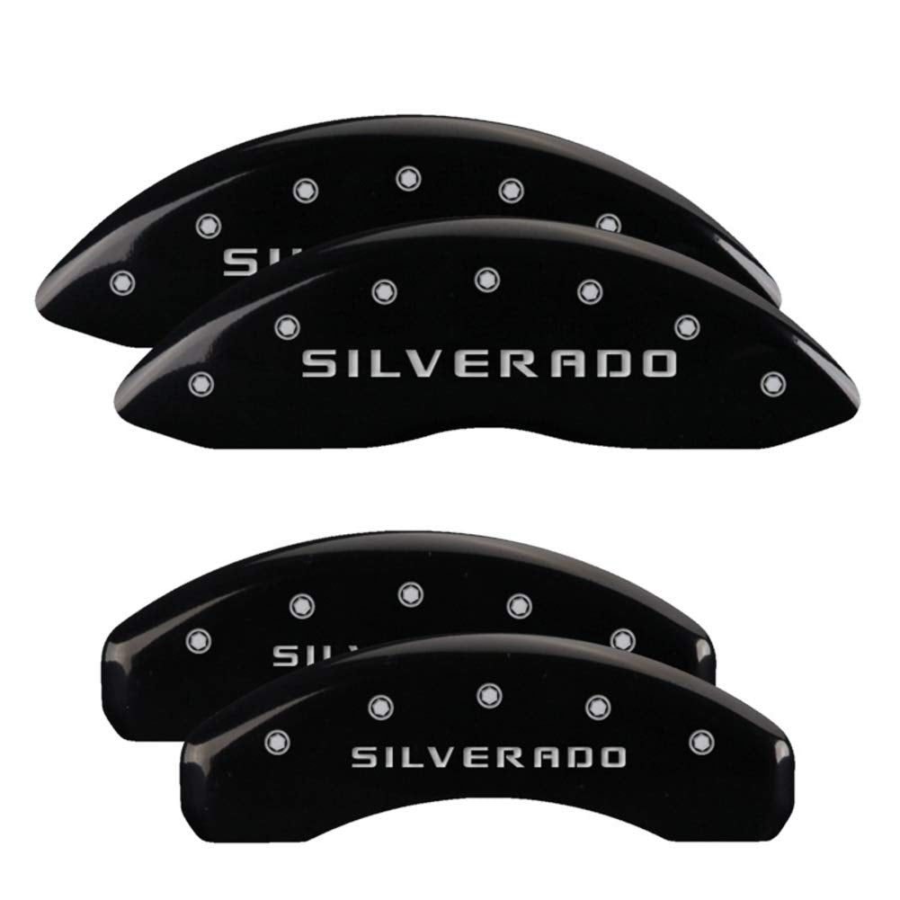 Brake Caliper Covers MGP Compatible with 2019-2025 Chevrolet Silverado, Tahoe, Suburban - Black Powder-Coated Finish, Engraved Silverado, Aluminum Front and Rear Caliper Covers (Set of 4)