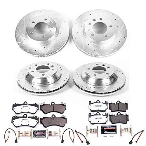 Power Stop K4495-26 Z26 Carbon Fiber Brake Pads Front and Rear with Drilled & Slotted Brake Rotors Kit and 2 Front & 2 Rear Sensor Wires For Cayenne, Cayenne, VW Touareg [Model Specific]