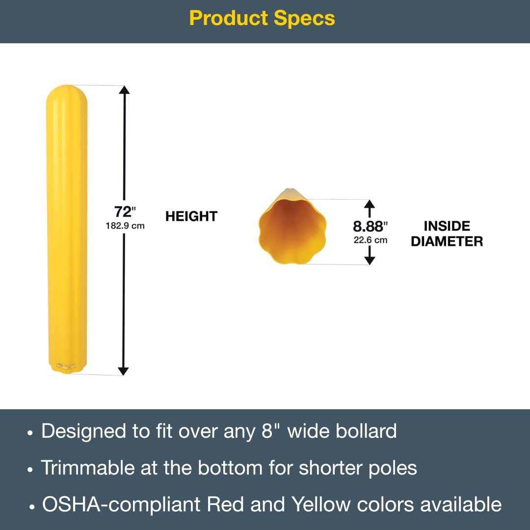 Bollard Covers Eagle for Tall 8 Inch Wide Poles - 72" Tall, Durable Fluted HDPE Plastic - Trimmable Yellow Bollard Post Sleeve for Parking Lots, Warehouses, and Loading Docks, 173872