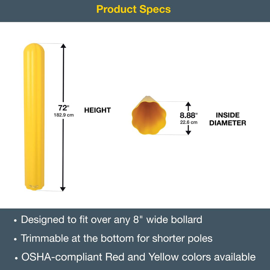 Bollard Covers Eagle for Tall 8 Inch Wide Poles - 72" Tall, Durable Fluted HDPE Plastic - Trimmable Yellow Bollard Post Sleeve for Parking Lots, Warehouses, and Loading Docks, 173872
