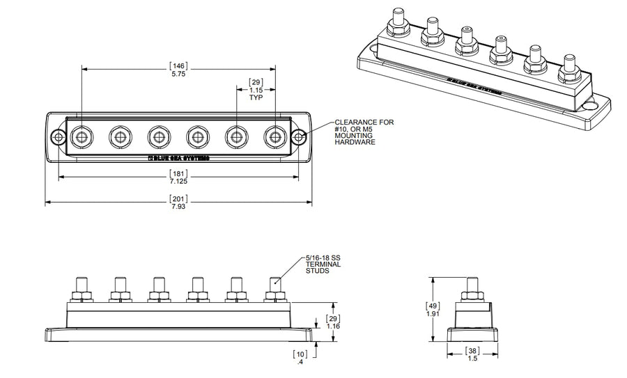 250 Amp Blue Sea Systems MaxiBus BusBar with 6 studs, 2126