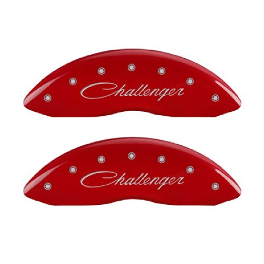 Brake Caliper Covers for 2011-2023 Dodge Challenger & 2011-2023 Dodge Charger - MGP Caliper Covers (Dual Piston Front Caliper) Front and Rear Set - Engraved Cursive CHALLENGER & R/T Vintage Logo (Red)