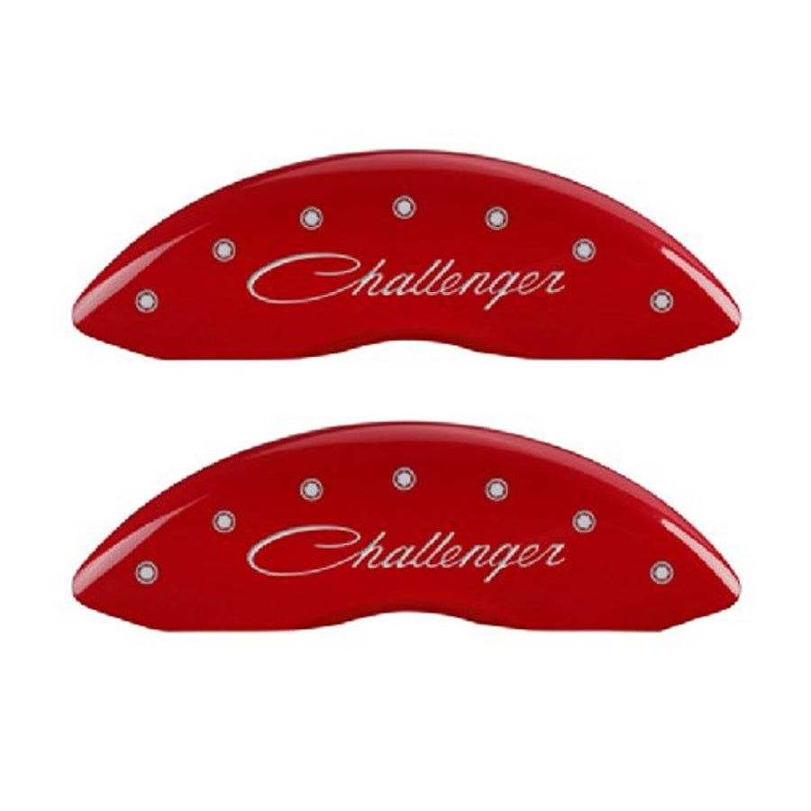 Brake Caliper Covers for 2011-2023 Dodge Challenger & 2011-2023 Dodge Charger - MGP Caliper Covers (Dual Piston Front Caliper) Front and Rear Set - Engraved Cursive CHALLENGER & R/T Vintage Logo (Red)