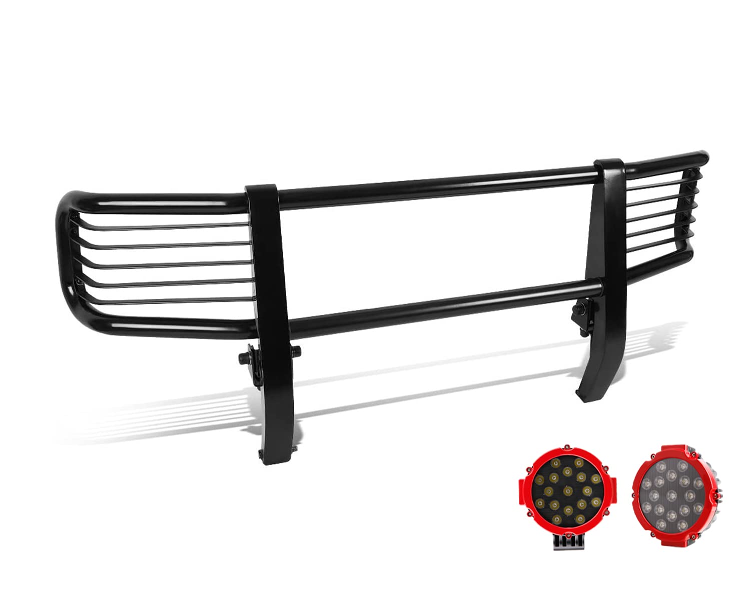 Bumper Guard Modular Black Black Horse Grille Come With pair of 7.0"Dia.LED Lights with Red Trim Rings Compatible with 2003-2010 Mercedes-Benz G55 AMG|1999-2010 Mercedes-Benz G500-PGBZA008A-PLR
