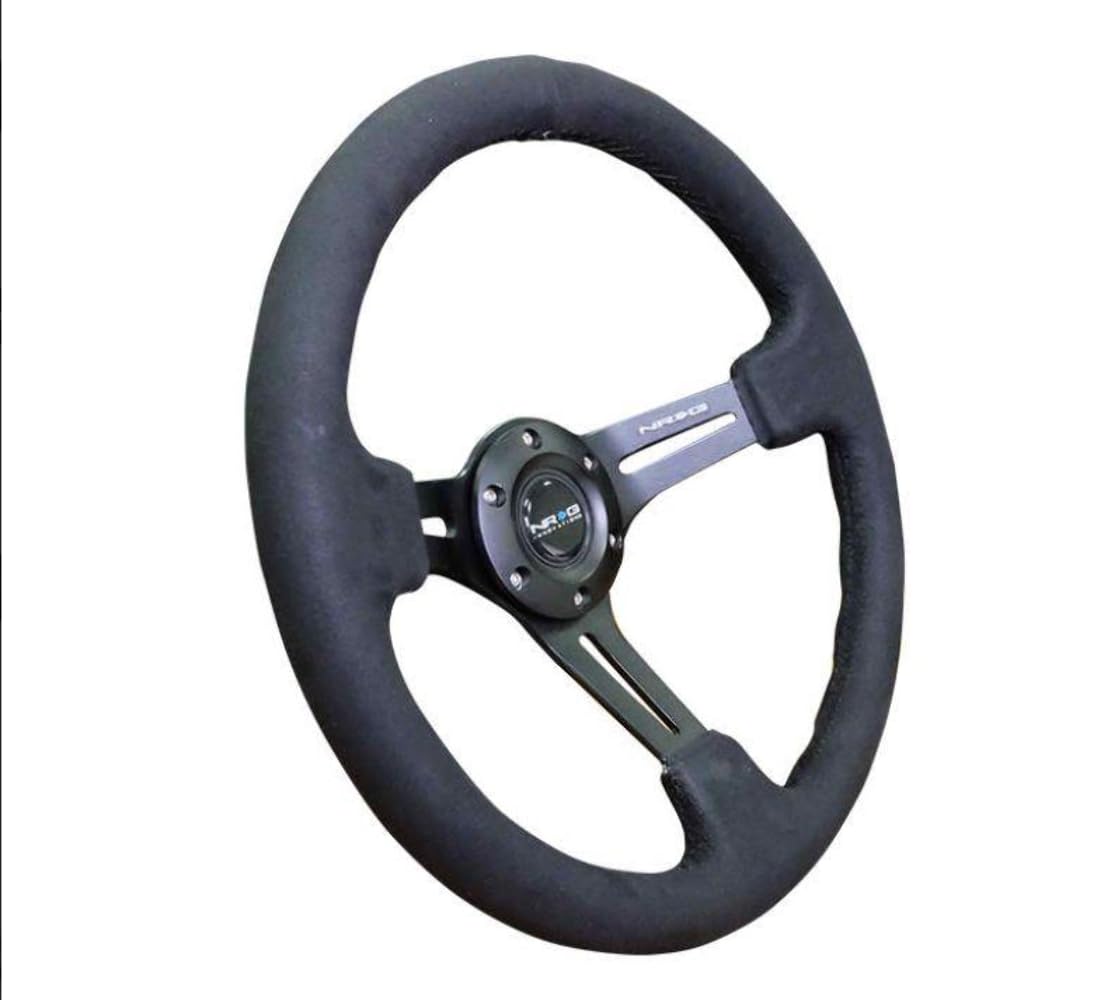 NRG Innovations Reinforced NRG-RST-018SA Steering Wheel 350mm Sport Steering Wheel (3" Deep) Black Leather with Alcantara Stitching, Slit Spoke Design over Circular Cut-Outs