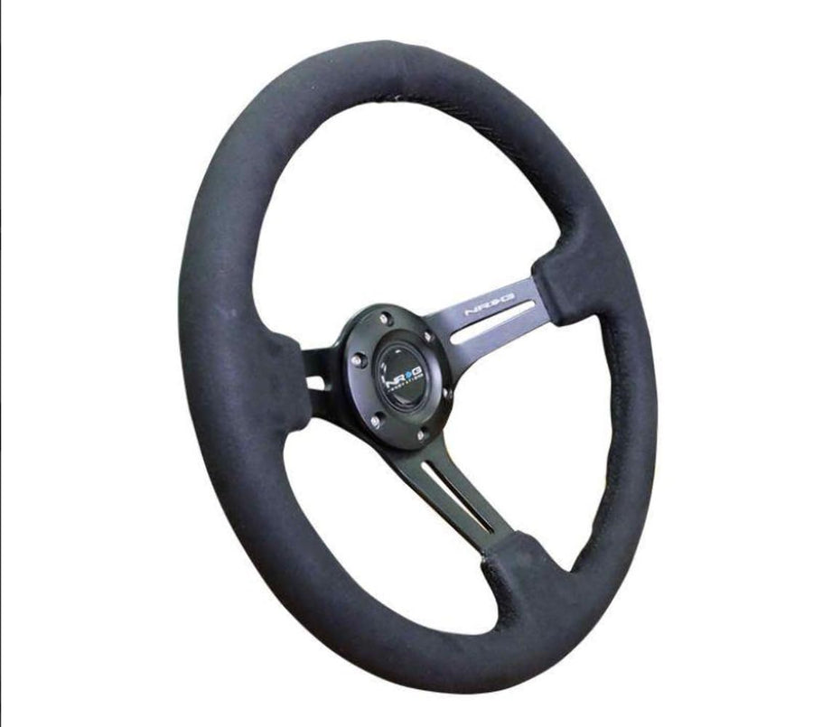 NRG Innovations Reinforced NRG-RST-018SA Steering Wheel 350mm Sport Steering Wheel (3" Deep) Black Leather with Alcantara Stitching, Slit Spoke Design over Circular Cut-Outs