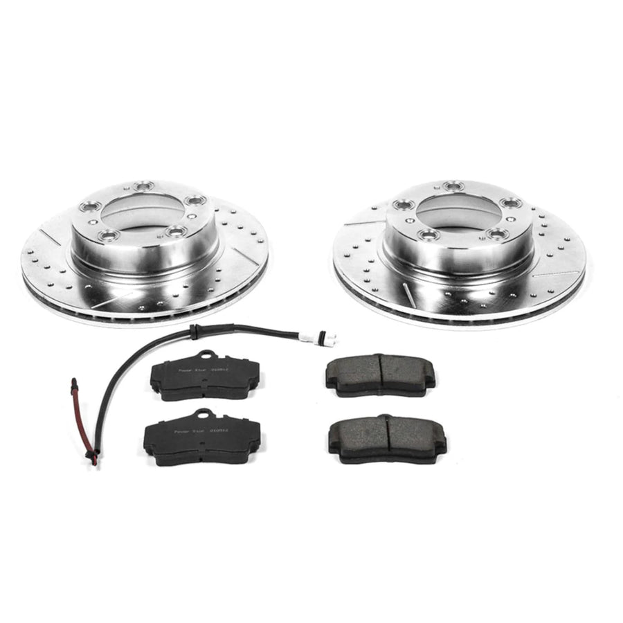 Power Stop K857 Rear Brake Pads Z23 Carbon Fiber with Drilled & Slotted Brake Rotors Kit and 2 Rear Sensor Wires For Porsche Boxster 1997-1999 [Model Specific]