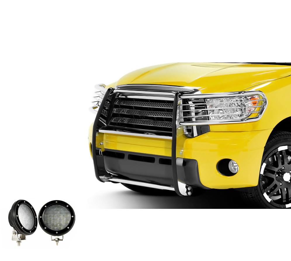 Bumper Guard Black Horse Grille brush Modular Stainless Steel Come with Pair of 5.3"Led Lights with Black Trim Rings Compatible with 2008-2022 Toyota Sequoia|2007-2021 Toyota Tundra-17A098900MSS-PLFB