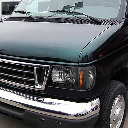 Black Housing SPEC-D TUNING Clear Lens LED Strip Headlights + Corner Lights Compatible with 1992-2006 Ford E150 E250 E350 E450 E550 Econoline Van L+R Pair Head Light Lamp Assembly