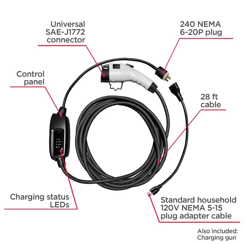 Schumacher Electric SC1455 Portable EV Charger Level 2 - up to 16A, Works with 120V or 240V Outlets, 28-Foot Charging Cable, Charges EVs 3X Faster