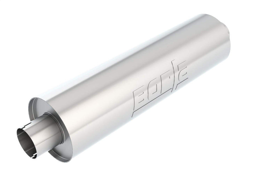 BORLA Specialty Heavy Duty (Truck) Muffler 400500 - 3" Center Inlet/ 3" Center Outlet 6.75" Round x 24" Long Body 29" Overall Length. Universal Part. Reversible Design. Notched Necks.