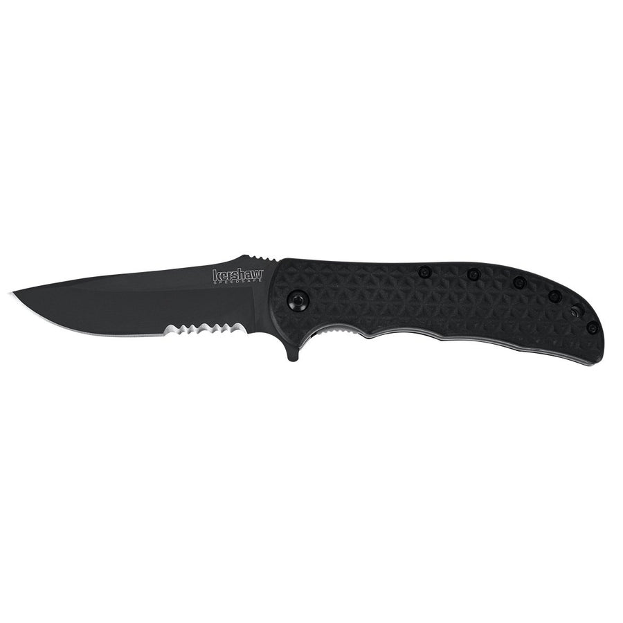 Kershaw Black Volt II Serrated Pocketknife, 3.25" 8Cr13MoV Steel Drop Point Blade, assisted opening Folding EDC, Liner Lock System