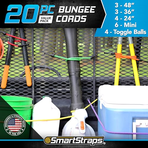 SmartStraps Bungee Cords Standard, Assorted Colors, 20 Pack – Includes Four 24”, Three 36”, Three 48”, Six Mini Bungee Cords, & Four Toggle Ball Cords – Secure Light Loads Such as Coolers & Gas Cans