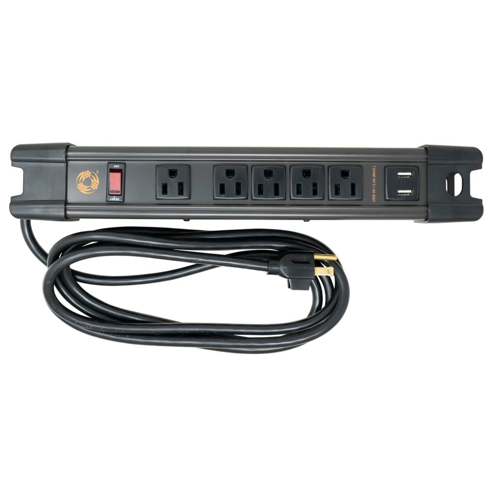 All-Metal 5 Outlet Magnetic Power Strip with 2.4A USB, N35 Magnets, 8 Foot Cord