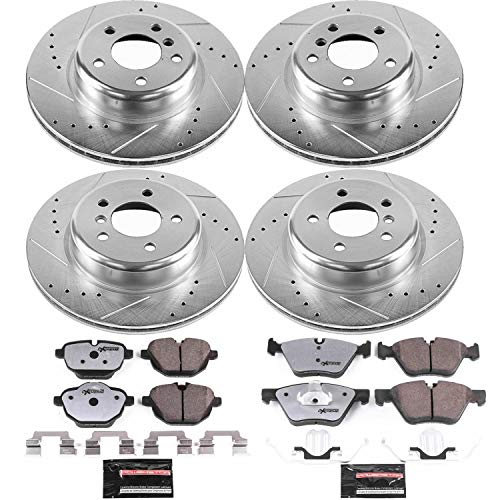 Power Stop K6033-26 Z26 Carbon Fiber Brake Pads Front and Rear with Drilled & Slotted Brake Rotors Kit and 1 Front & 1 Rear Sensor Wires For BMW 528i, BMW 528i xDrive [Model Specific]