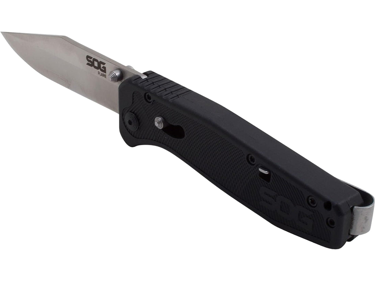 SOG Flare Knife Folding and Pocket Assisted Opening Tech w/ 3.5 Inch Stainless Straight Edge Blade & Tactical GRN Grip Knife (FLA1001-CP), Black