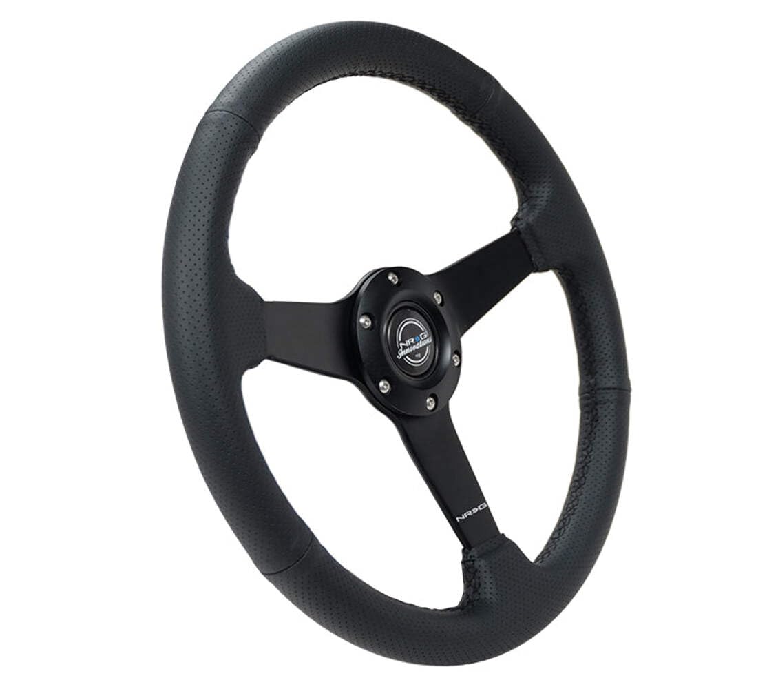 NRG Innovations 350mm NRG-RST-037MB-PR Sport Steering Wheel (1.5' deep) Black Perforated Leather with Black Stitching - Matte Black Solid Spokes