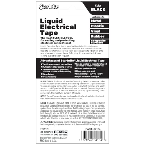 Liquid Electrical Tape STAR BRITE with Applicator Brush Cap - Superior Adhesion & Flexible Protection for Frayed Cables. Terminals & Electric Splices 4 OZ (084104B)