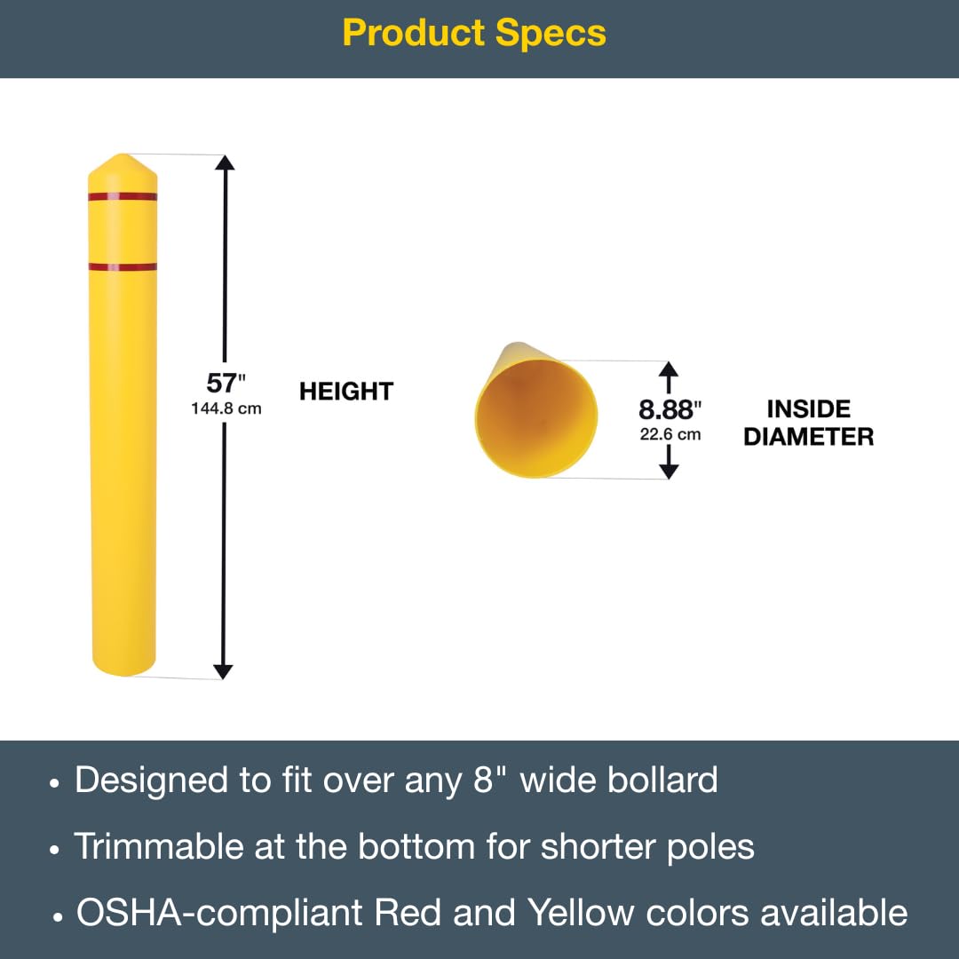 Bollard Covers Eagle for 8 Inch Poles - 57" Tall, Durable Smooth HDPE Plastic - Trimmable Yellow Bollard Post Sleeve for Parking Lots, Warehouses, and Loading Docks, 1737YRS