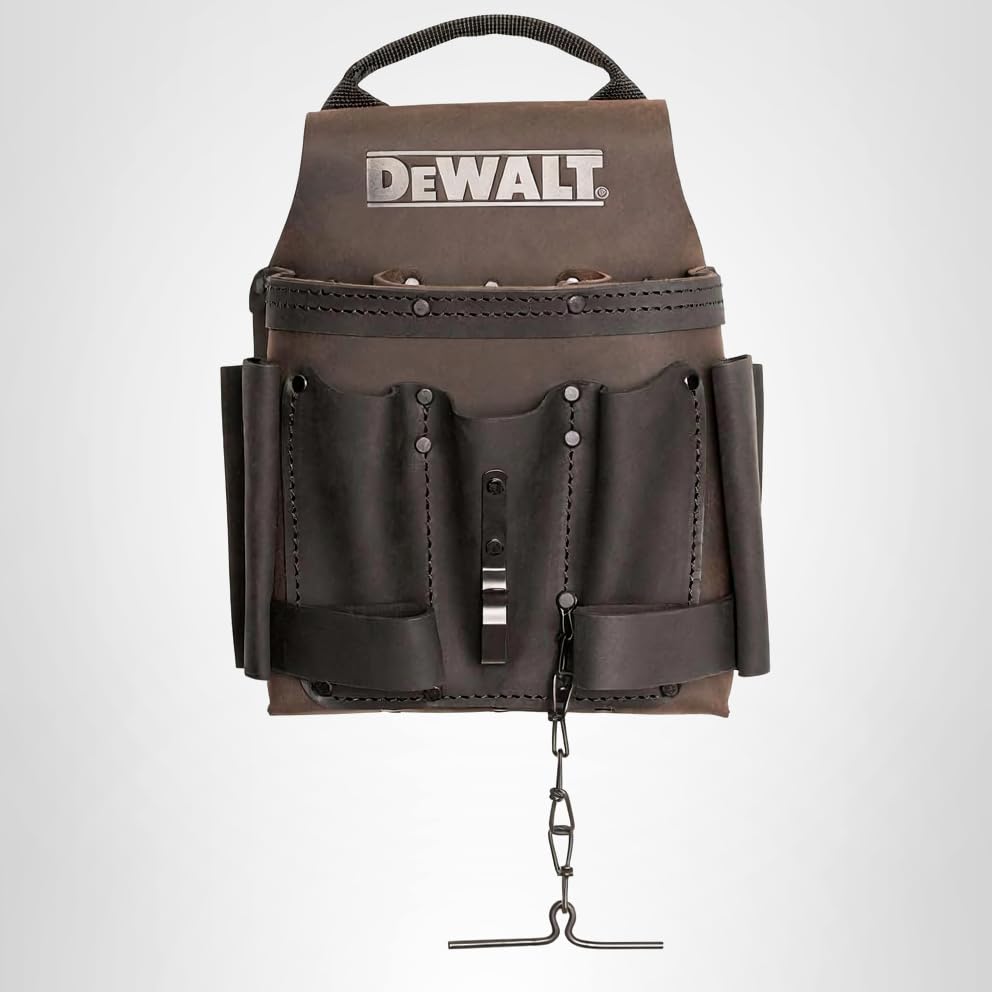 Leather DEWALT Tool Pouch for Electricians, 8 Pockets, Hammer Loops and Tape Chain (DWST550114)