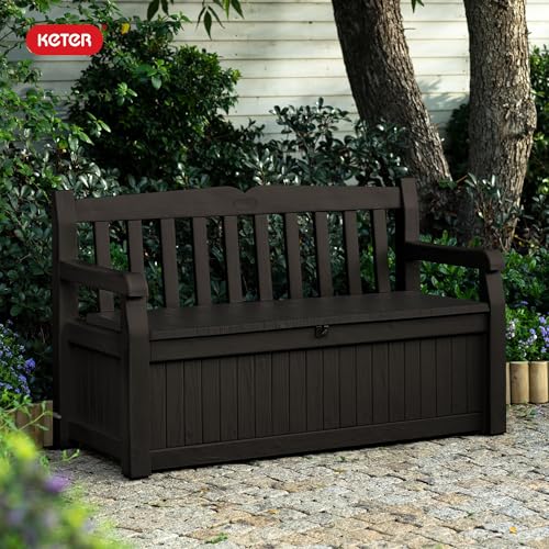 Keter 70 Gallon Solana Storage Bench Deck Box for Patio Furniture, Front Porch Decor and Outdoor Seating – Perfect to Store Garden Tools, Brown/Brown