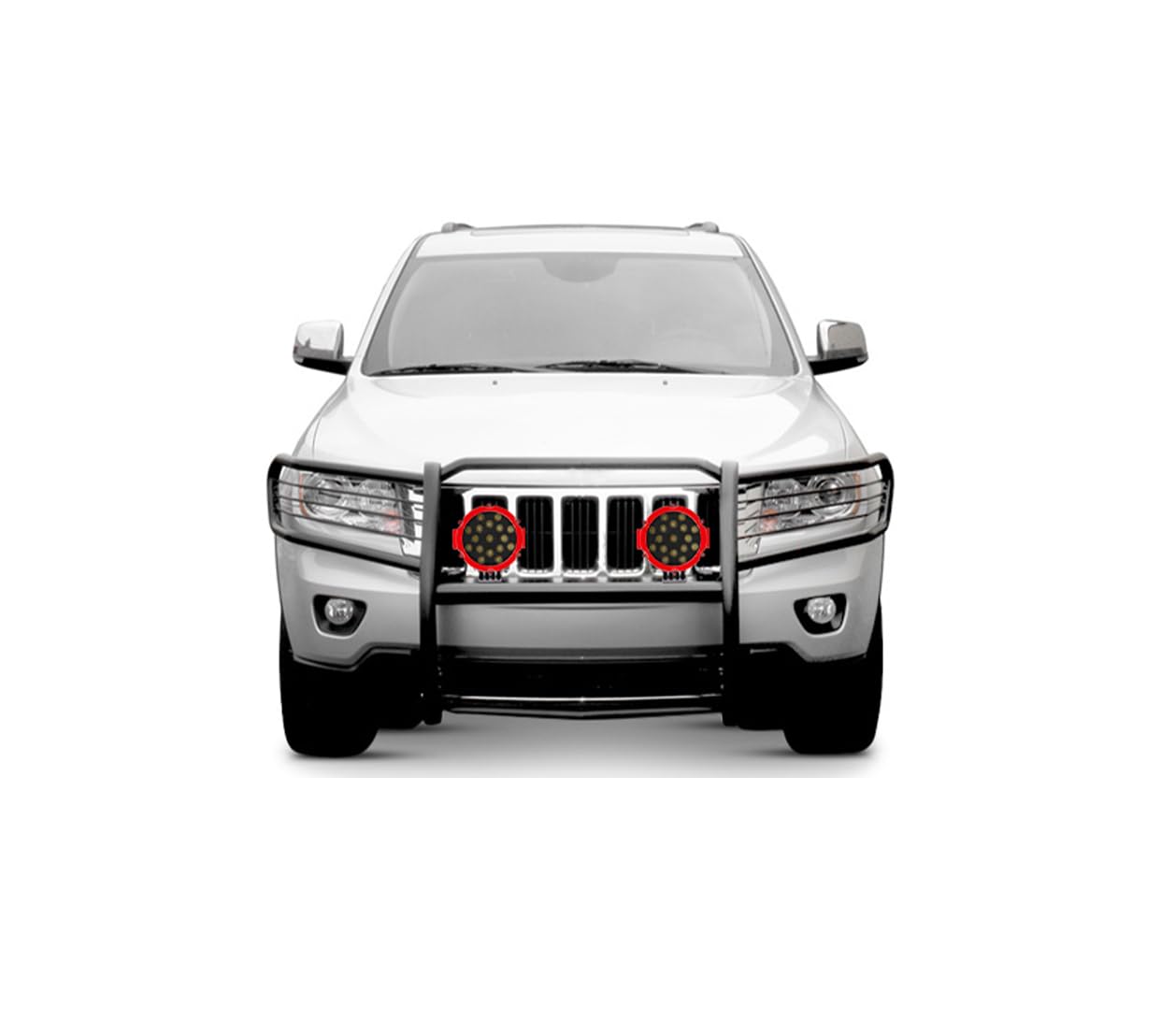 Bumper Guard Black Horse Grille brush Modular Come With pair of 7.0"Dia.LED Lights with Red Trim Rings Compatible with 2005-2010 Jeep Grand Cherokee-17A080200MA-PLR