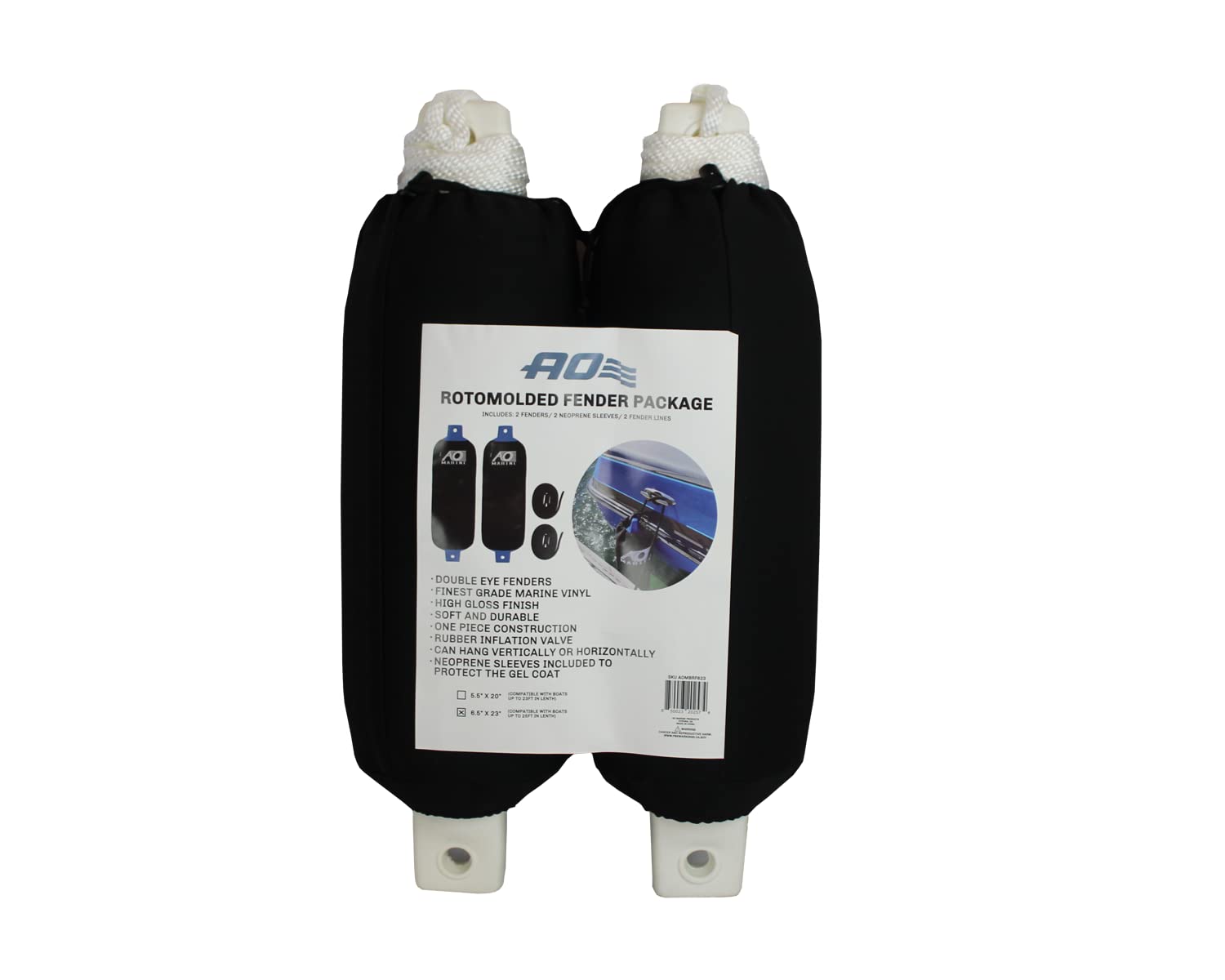 Fender AO Coolers Rotomolded Boat Bumper Kit Includes Neoprene Sleeve Covers and Tie-Off Ropes - 2 Pack - 6.5” x 23”