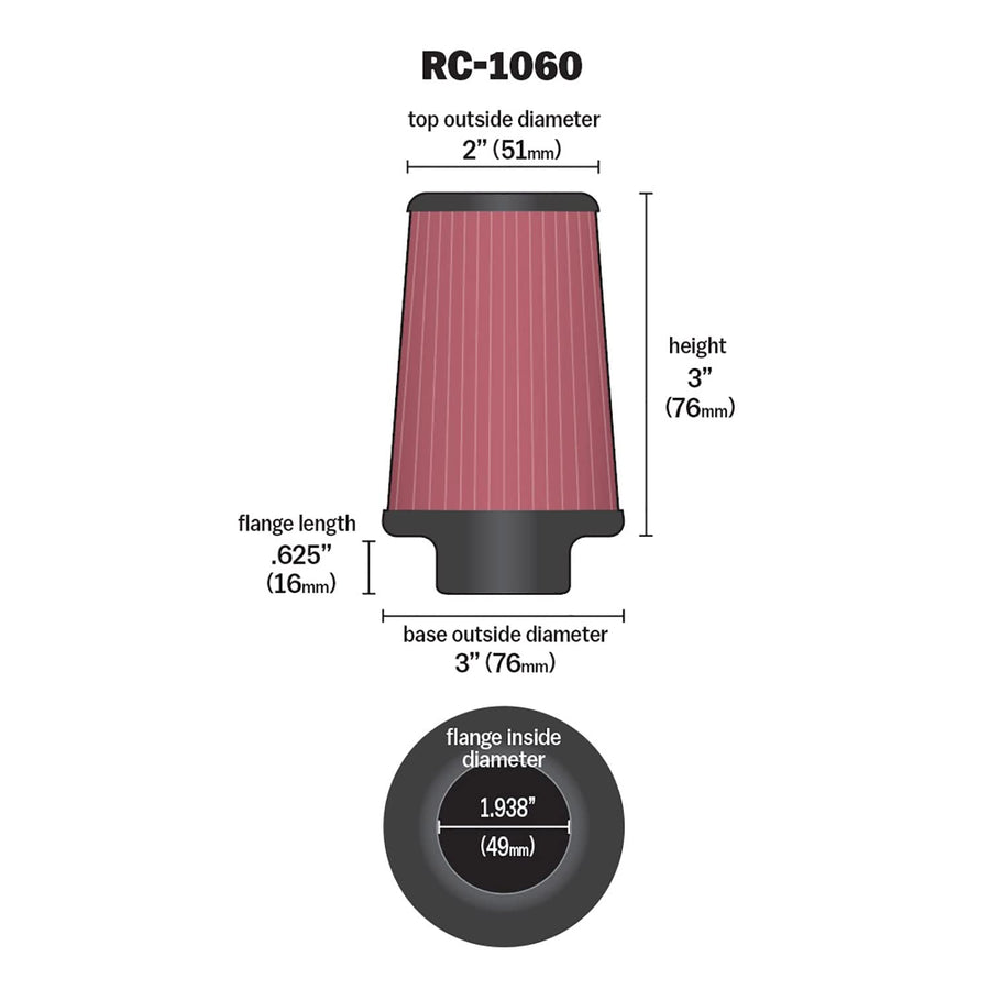 High-Flow K&N Original Lifetime Universal Clamp-On Air Filter: High Performance, Premium: Flange Diameter: 1.9375 In, Filter Height: 3 In, Flange Length: 0.625 In, Shape: Round Tapered, RC-1060