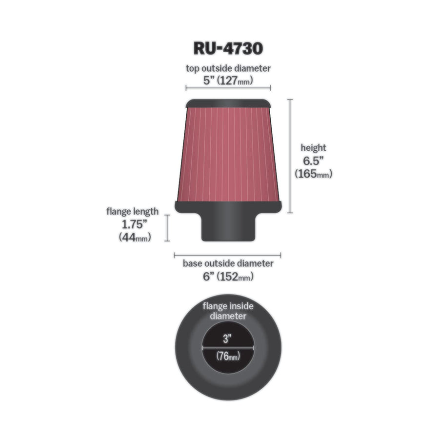 High-Flow K&N Original Lifetime Universal Clamp-On Air Filter: High Performance, Premium, Washable: Flange Diameter: 3 In, Filter Height: 6.5 In, Flange Length: 1.75 In, Shape: Round Tapered, RU-4730