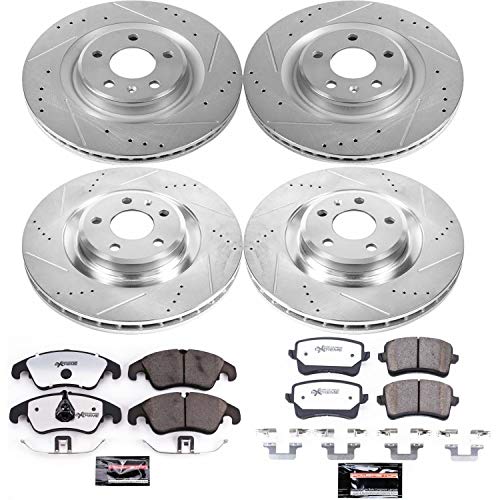 Power Stop K6155-26 Z26 Carbon Fiber Brake Pads Front and Rear with Drilled & Slotted Brake Rotors Kit and 1 Front Sensor Wire For Audi S4 2011, Audi S5 2011 [Model Specific]