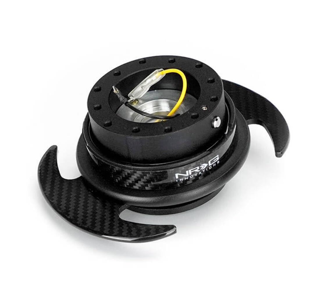 NRG Innovations GEN 3.0 NRG-SRK-650CF-1 Race Steering Wheel Quick Release Hub Adapter 6-Hole Design & 6x70 and 6x74mm Bolt Patterns Black Body/Carbon Fiber Trim Ring w/Carbon Fiber Handles