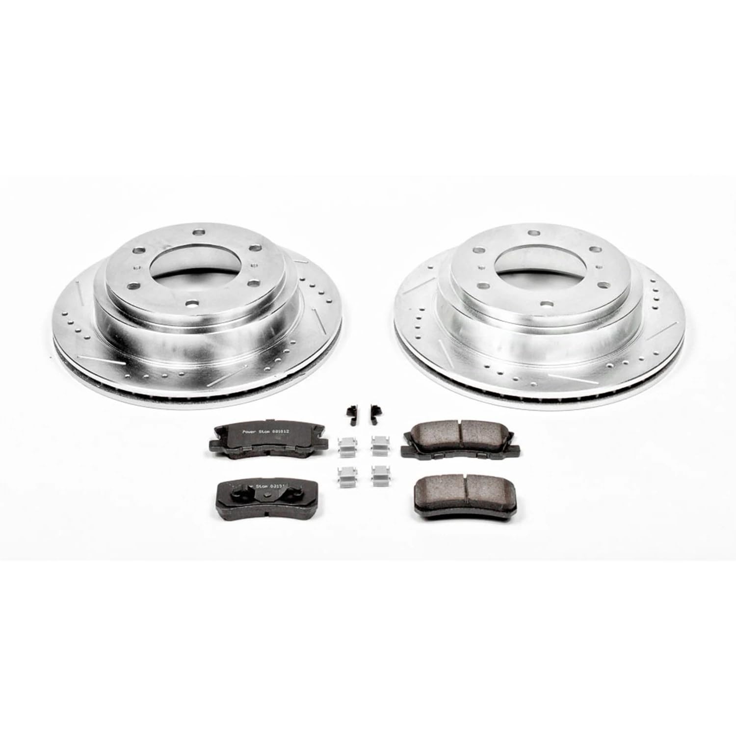 Rear Power Stop K3119 Z23 Carbon Fiber Brake Pads with Drilled & Slotted Brake Rotors Kit For Mitsubishi Montero 2001-2006 [Model Specific]