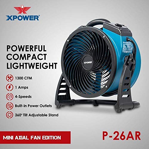 Industrial Axial Air Mover XPOWER P-26AR, Blower, Fan with Build-in Power Outlets for Water Damage Restoration, Home and Plumbing Use - 1 Amp, 1300 CFM, 4 Speeds , Blue