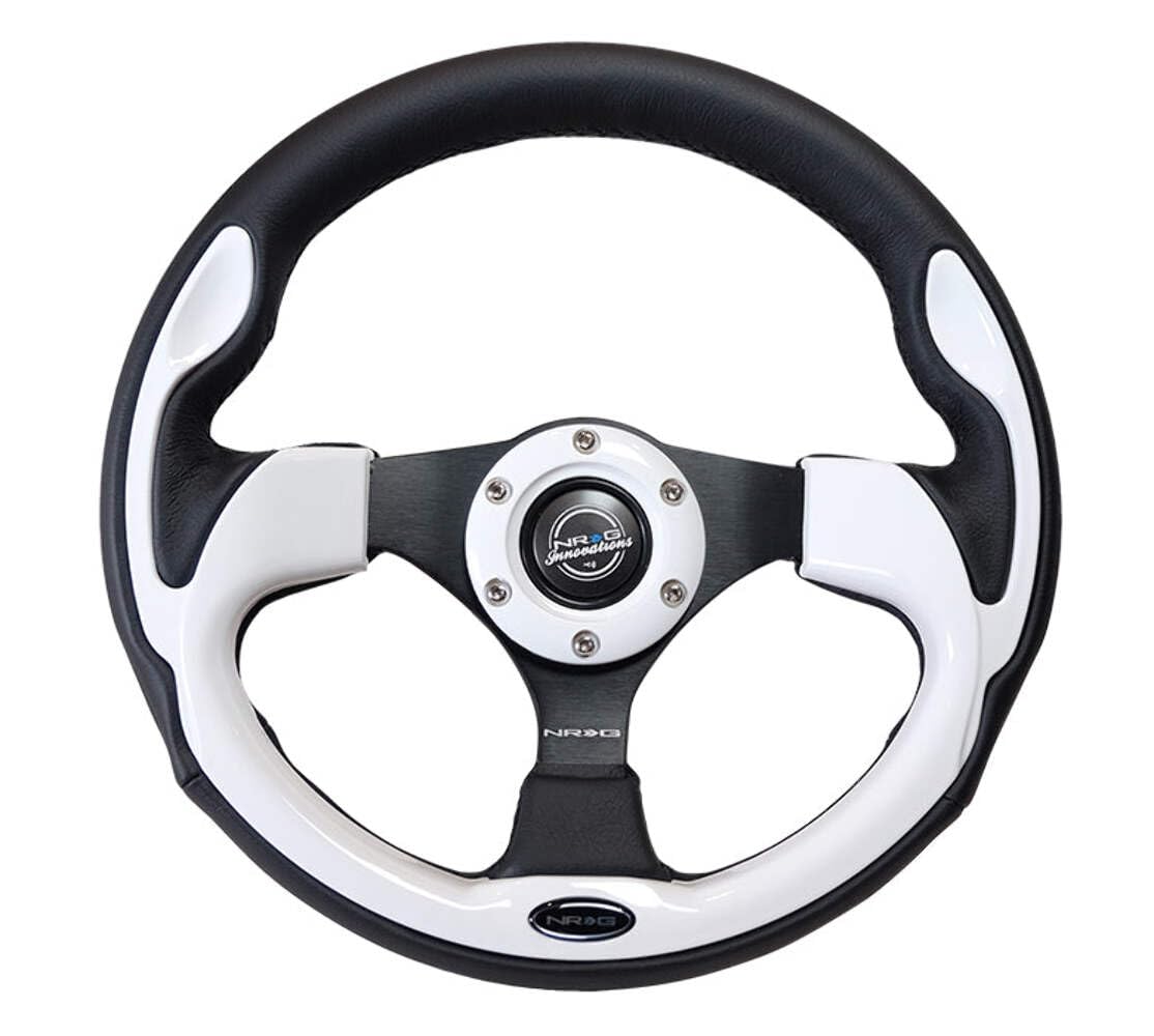 NRG Innovations Reinforced NRG-RST-001WT Steering Wheel 350mm Sport Leather Racing (2.5" Deep) Comfort Grip, 4mm Metal Neochrome Spoke, Black Leather/White + Horn Button