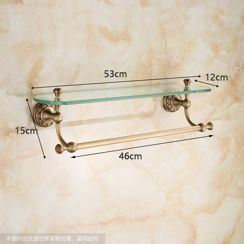 Glass Bathroom Rack With Towel Bar Single deck, Blue And White Porcelain Design，Brass, Brushed, Antique Bathroom Cosmetic Storage Rack Bathroom Shelf