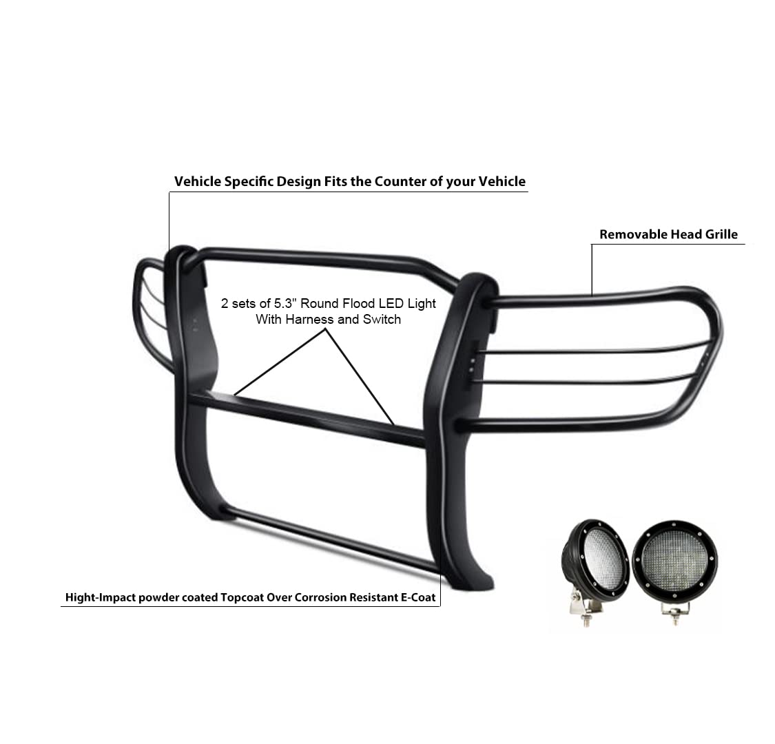 Black Horse Grille Brush Modular Bumper Guard Black Come with Pair of 5.3" Dia.LED Lights with Black Trim Rings Compatible with 1998-2007 Toyota Land Cruiser-17SG598MA-PLFB