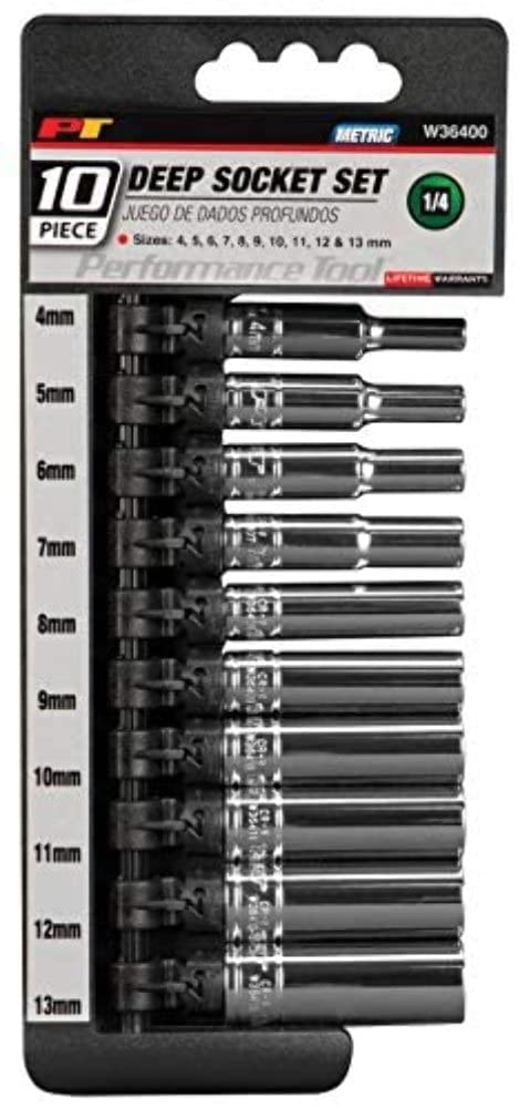 Chrome Wilmar Socket Set, 1/4" Drive, 10 Piece, 4mm to 13mm, 6 Point, Deep