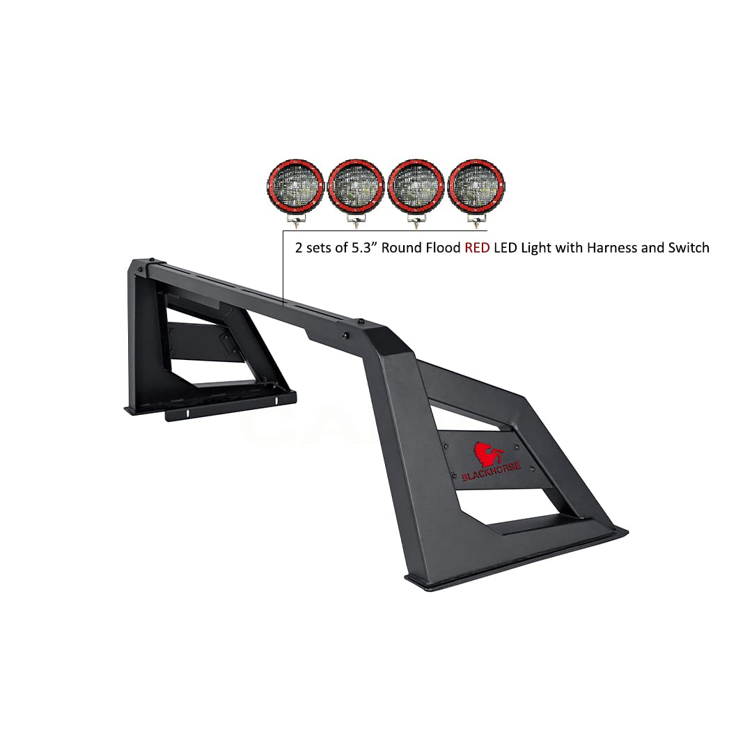 Armour Black Horse Roll Bar Incl. Set of 5.3" Dia.LED Lights w/Red Trim Rings Matte Black Compatible with 2015-2023 Chevrolet Colorado|2015-2023 GMC Canyon|2015-2023 Toyota Tacoma-RB-AR3B-PLFR