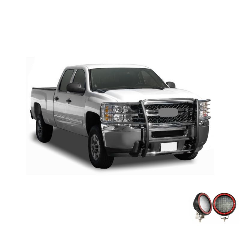 Grille Brush Black Horse Bumper Guard Modular Stainless Steel Come with Pair of 5.3" Dia.LED Lights with Red Trim Rings Compatible with 2007-2013 Chevrolet Silverado 1500-17A035700A2MSS-PLFR