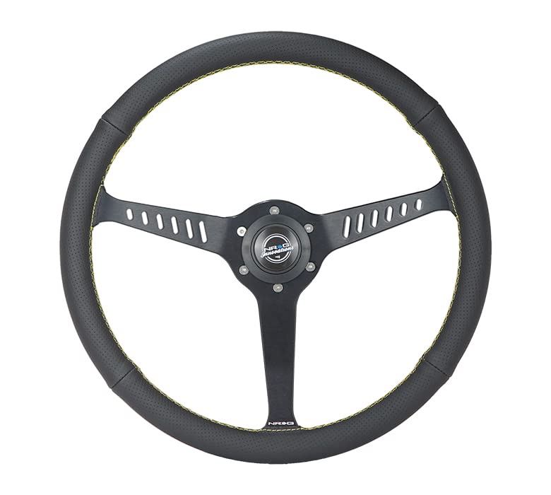 NRG Innovations Reinforced NRG-RST-380-STL-Y Classic Stealth Wheel, 380mm, 3 Spoke Center with Diagnal Slits, 1" Deep Dish with Perforated Leather and Yellow Stitching
