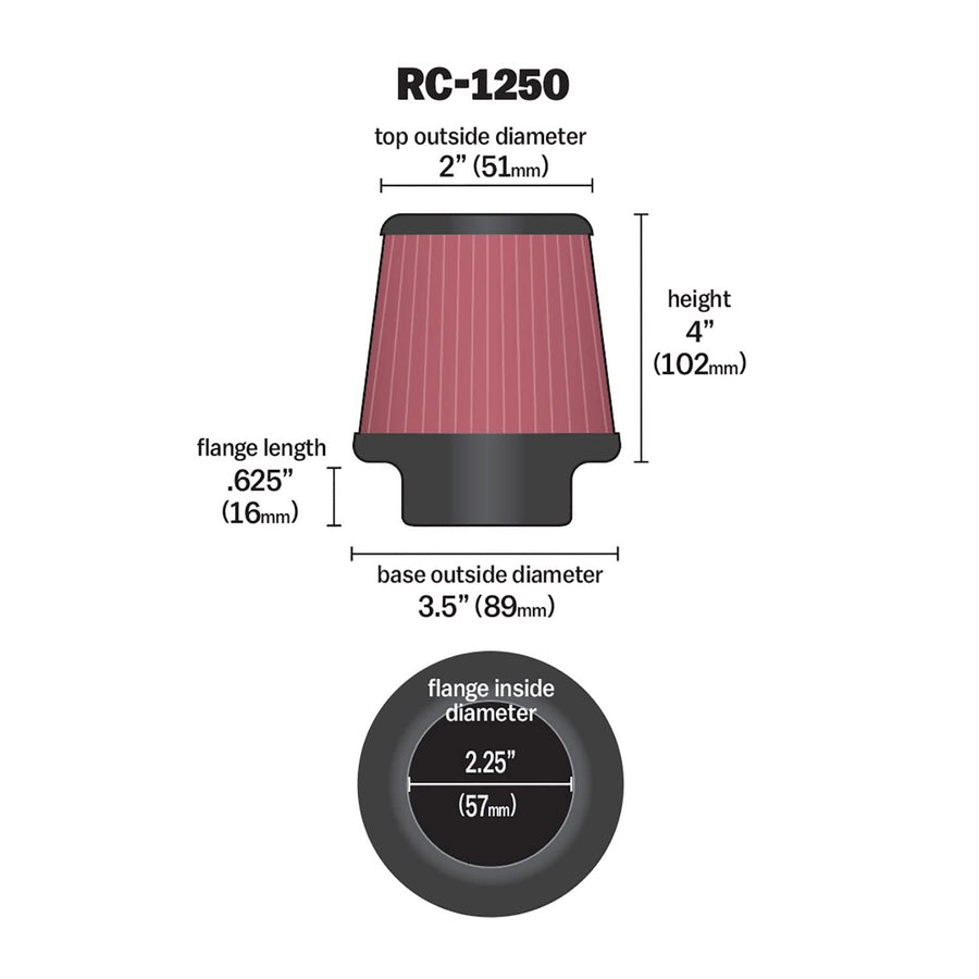 K&N Original High-Flow Lifetime Universal Clamp-On Air Filter: High Performance, Premium, Washable: Flange Diameter: 2.25 In, Filter Height: 4 In, Flange Length: 0.625 In, Shape: Round Tapered,RC-1250