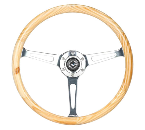 NRG Innovations Reinforced NRG-RST-380RG Classic Light Wood Grain Wheel, 380mm, 3 Spoke Center in Shinny chrome with Slits