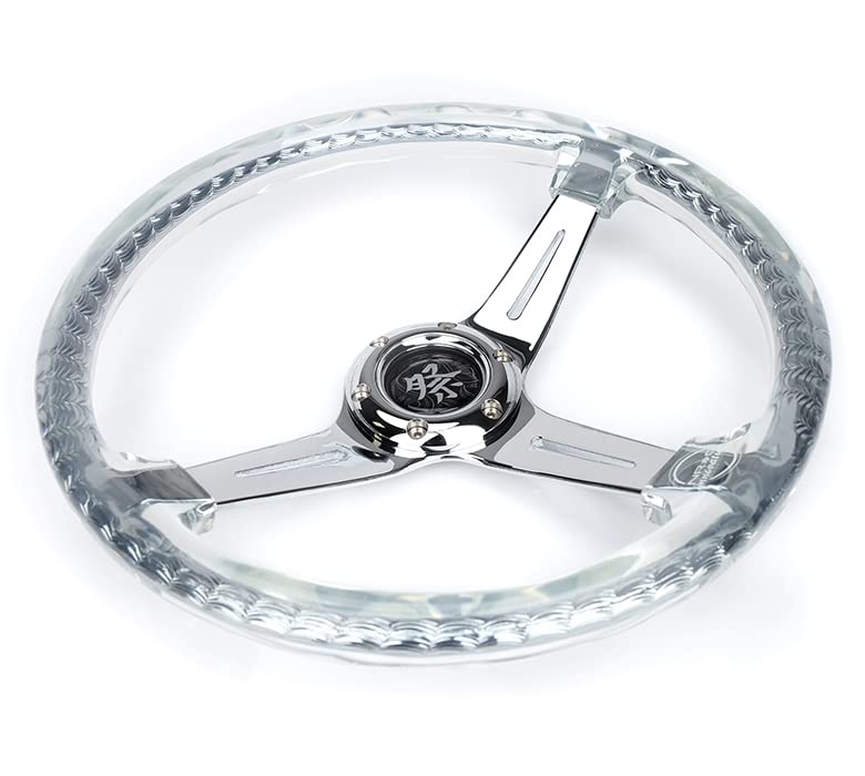 NRG Innovations Reinforced Steering Wheel NRG-RST-027CH-CL 350mm 2" Deep Dish Clear Acrylic Steering Wheel in Clear and Geometric NeoChrome Spoke Finish with Slits