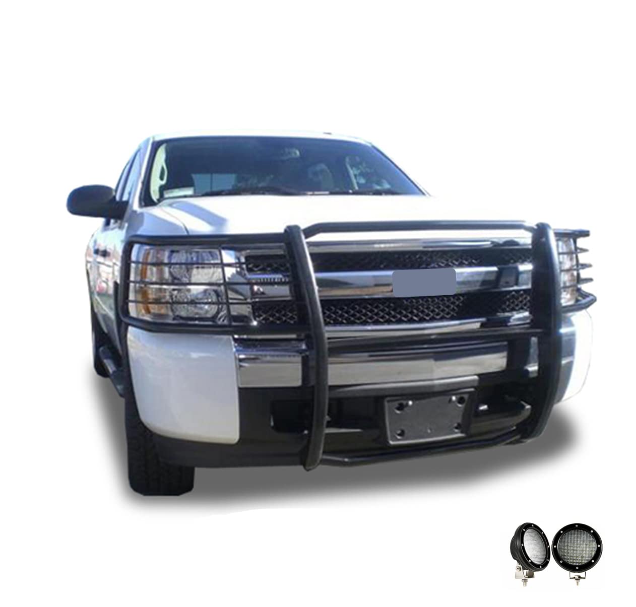 Bumper Guard Black Horse Grille Brush Modular Black Come with Pair of 5.3" Dia.LED Lights with Black Trim Rings Compatible with 2007-2013 Chevrolet Silverado 1500-17A035700A2MA-PLFB