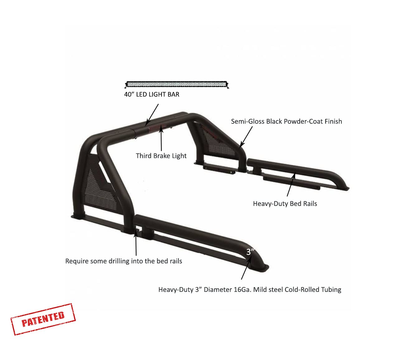 Gladiator Roll Bar Black Horse Modular W/40 in led Light Bar Compatible with 2005-2021 Nissan Frontier-GLRB-05B-KIT