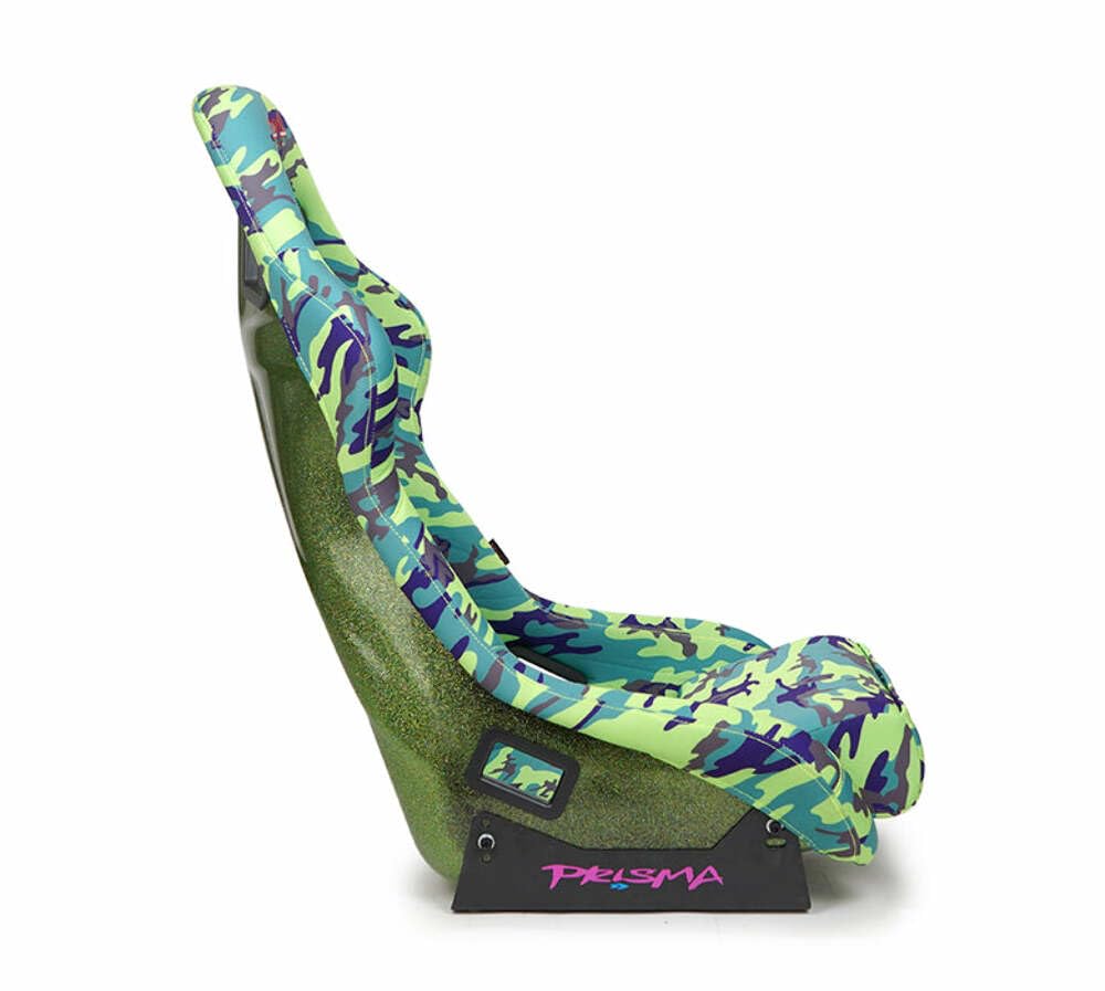 NRG Innovations Prisma NRG-FRP-302-GIJ Fixed Back Bucket Seat wBottom Mount,Green Camo Print Fabric/Green Sparkle Back